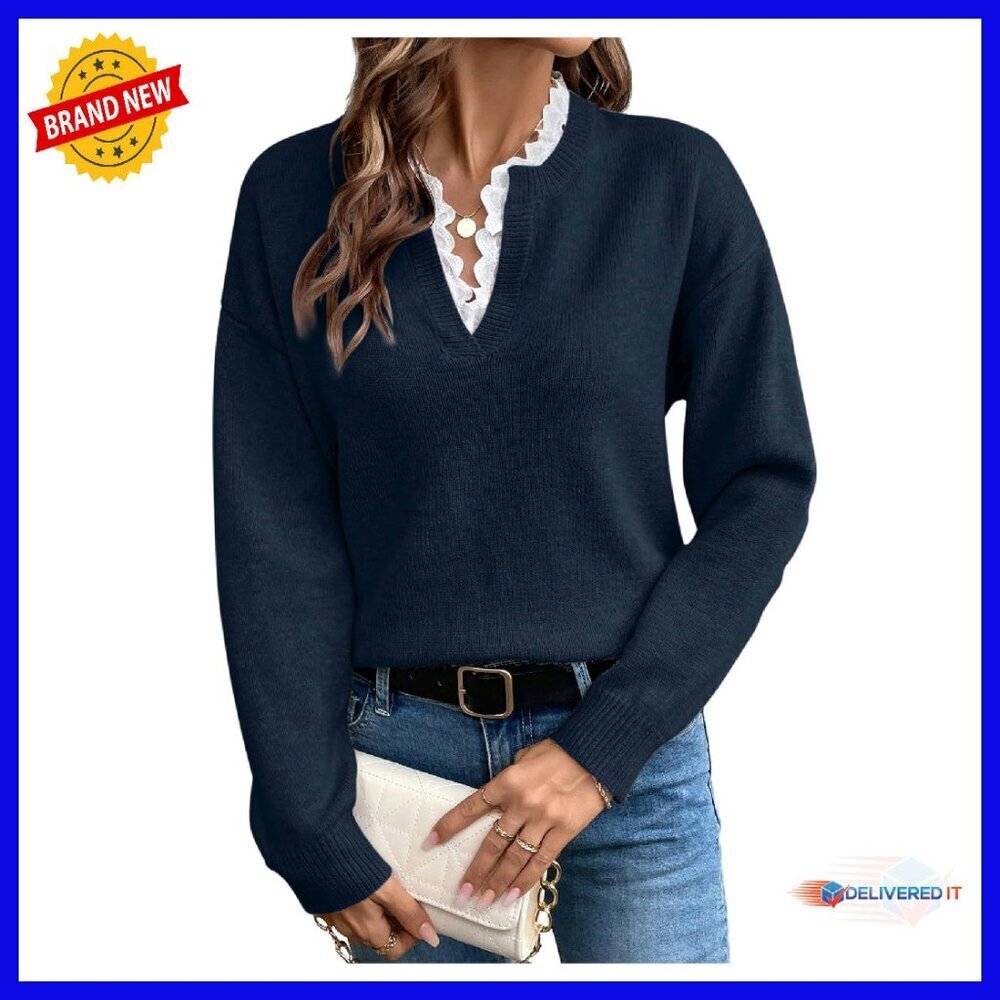 Long Sleeve Lace Trim V-Neck Knit Pullover Sweater Casual Trendy